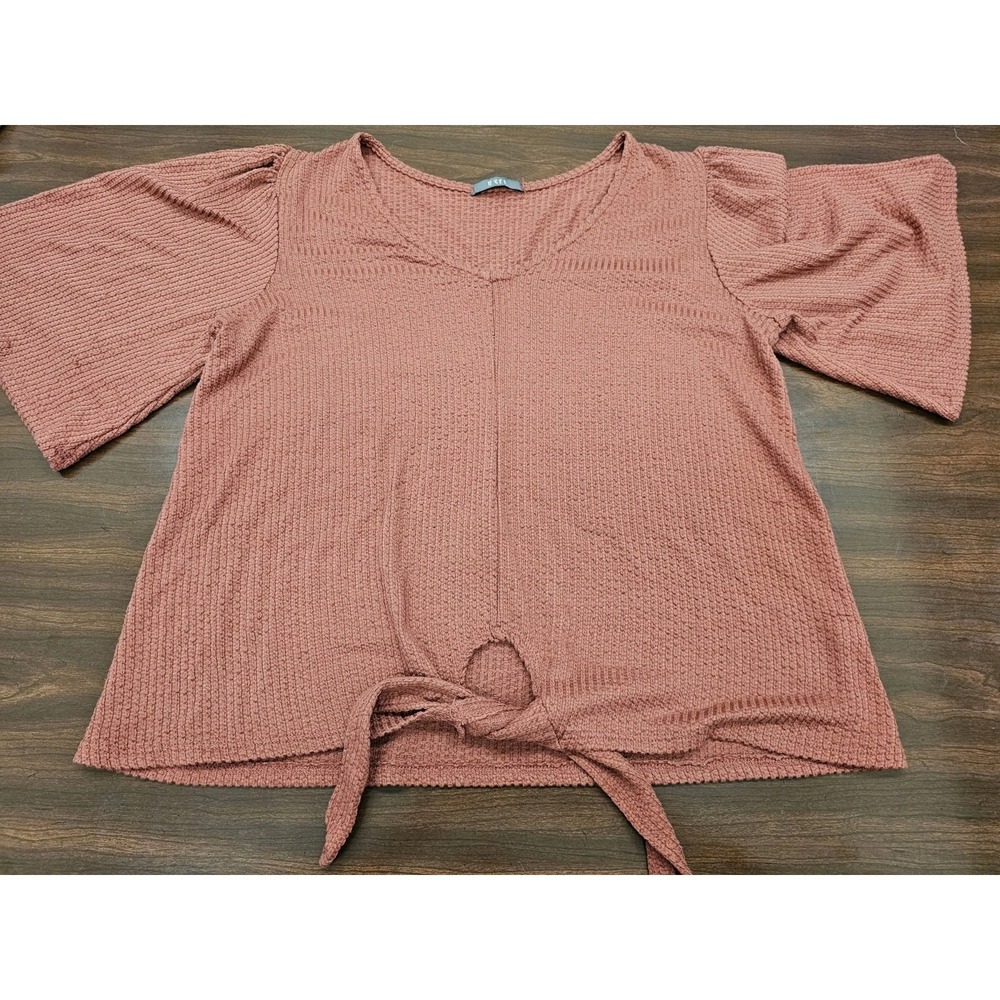 gyft Womens M Top Tie Waist Waffle Knit Short Sleeve Boho Casual Blouse Orange